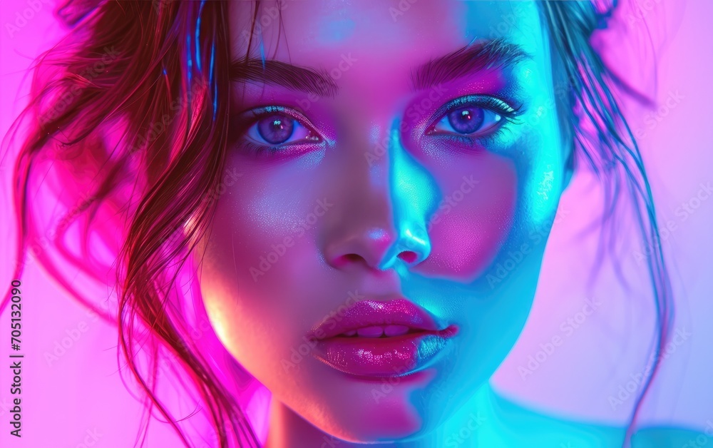 Fashion studio close up shot of a young model woman, bright neon colors background Fashion studio close up shot of a young model woman, bright neon colors background