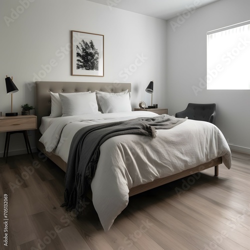 A modern minimalist bedroom with a neutral color palette and sleek, clean lines. Think of a bed with simple bedding, a minimalist desk and chair, and a few tasteful decorative accents. The photo sl