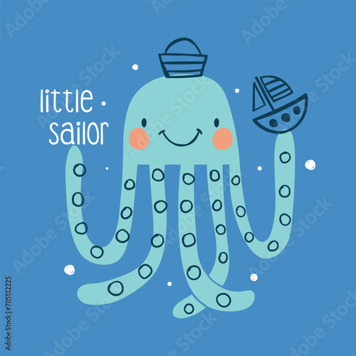 cute mariner octopus drawing as vector for kids fashion