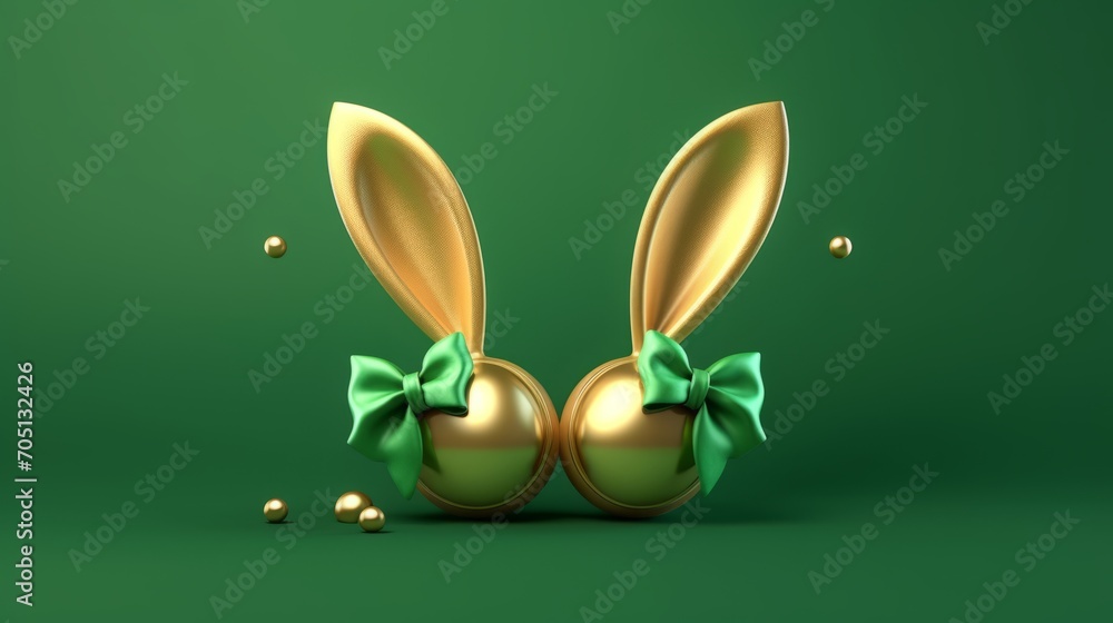 Whimsical golden and green bunny rabbit ears on vibrant background - 3d render for happy easter celebrations, big hunt, or sale banner design