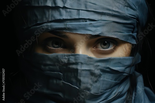 Close up portrait of young beautiful woman in a blue eye with hijab