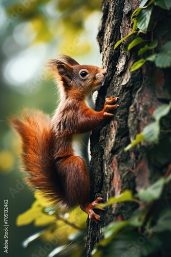 red squirrel climbing onto a tree trunk, in the style of colorized © Landscape Planet