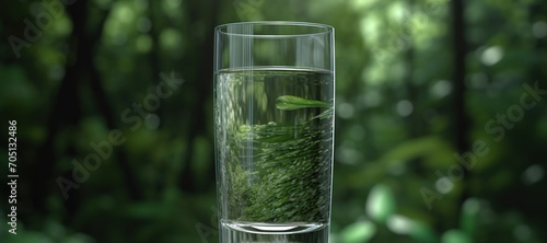 fresh clear mineral water in a glass with forest background 13