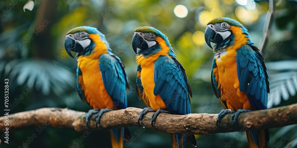 three bright colors parrot sitting on branch in green forest, in the style of exotic, dark azure and yellow