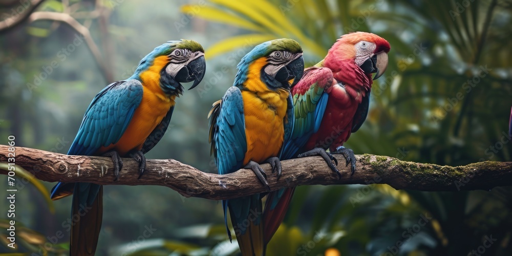 three bright colors parrot sitting on branch in green forest, in the style of exotic, dark azure and yellow