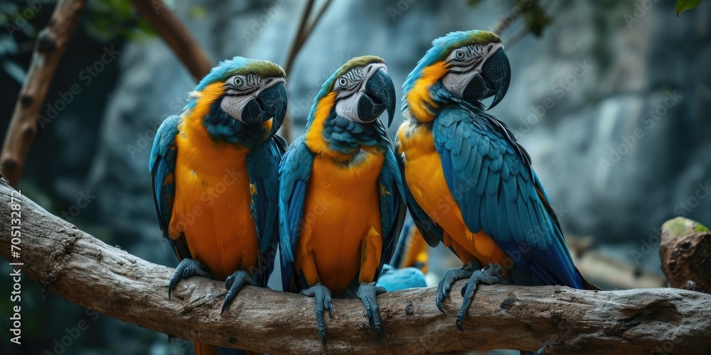 Obraz premium three blue and yellow macaw perched on a tree branch with blurred green background