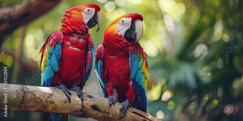 two colorful parrots perched on a branch, in the style of light crimson and azure, exotic atmosphere © Landscape Planet