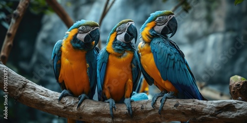 three blue and yellow macaw perched on a tree branch with blurred green background