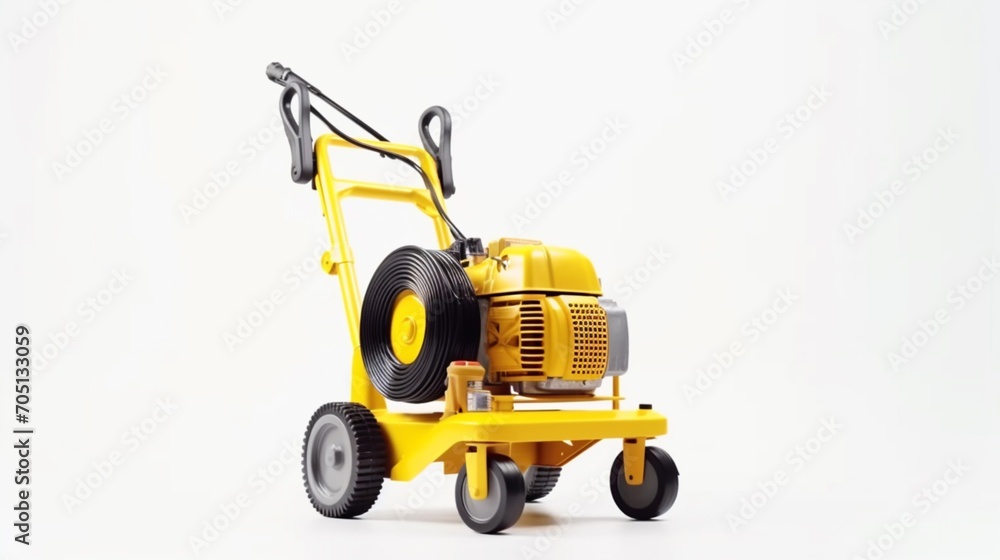 a yellow high pressure washer on wheels is isolated.Generative AI a yellow high pressure washer on wheels is isolated.Generative AI