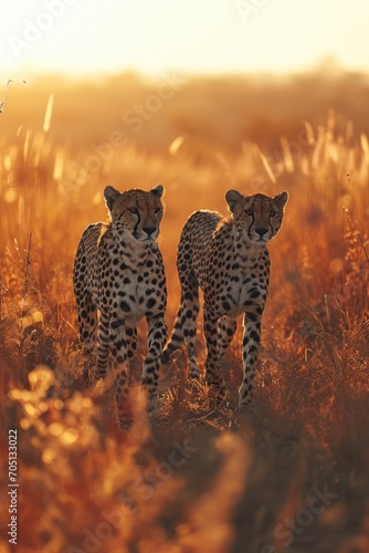 two cheetahs walking in the field at sunset, in the style of romantic landscapes