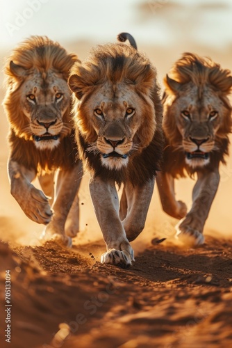 three lions running across the dirt, in the style of epic portraiture, captivating light