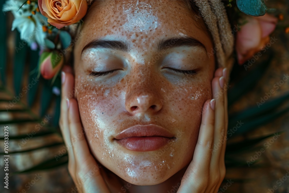 A Woman Wearing a Beautiful Flower Crown Getting Facial Spa Massage A Woman Wearing a Beautiful Flower Crown Getting Facial Spa Massage
