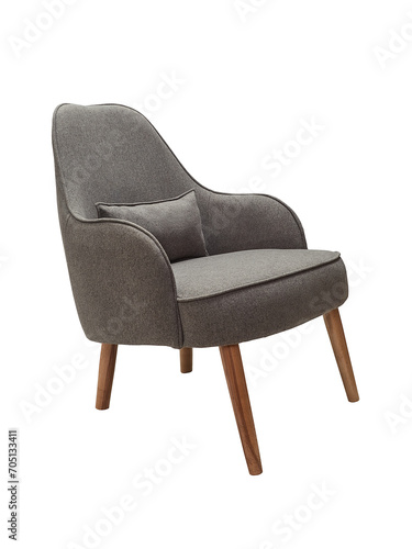 modern fabric gray armchair with wooden legs isolated on white background, side view