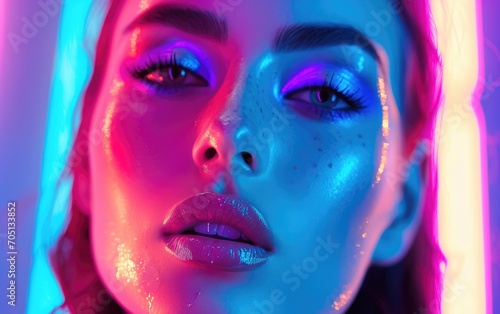 Fashion studio close up shot of a young model woman, bright neon colors background © piai