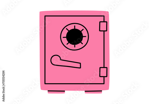 Hand drawn cute cartoon illustration of closed safe. Flat vector strongbox sticker in doodle style. Financial literacy or safety icon. Reliability and trust in banking. Security system. Isolated