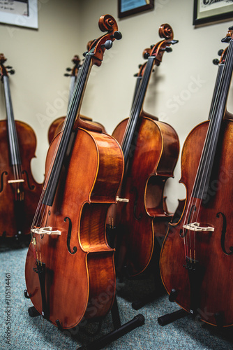 Row of violins arranged neatly on a stand in a room.