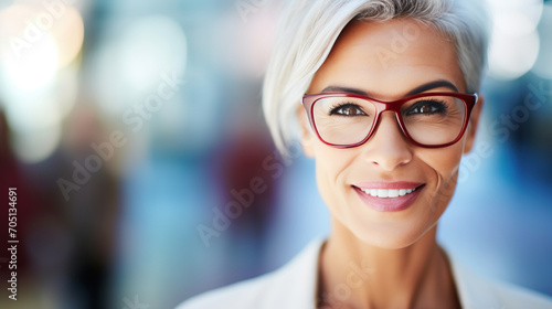 Modern financial business young blonde woman wearing glasses, looking at camera smiling. Portrait happy stylish woman
