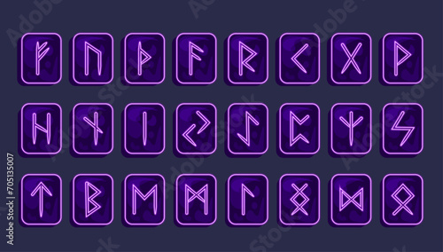 neon alphabet runes set. Scandinavian runes carved on stones. Stones. Magic, runic magic, fortune telling. Fehu, Uruz, Thurisaz, Ansuz, Raido, Kano, Gebo, Wunjo, Hagalaz, Nauthis, Isa, Jer, Eihwas