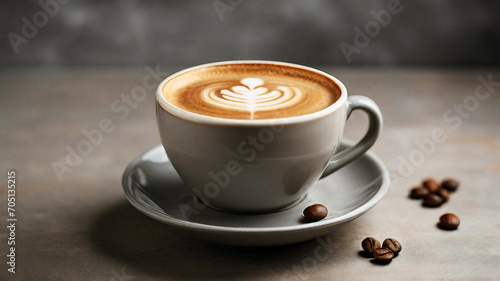 top view of Cup of cappuccino on the table, gray and brown background, copy space