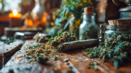 Roll your own cannabis cigarette, medicinal marijuana. A stock photo illustrating the natural elements and therapeutic aspects of cannabis use photo
