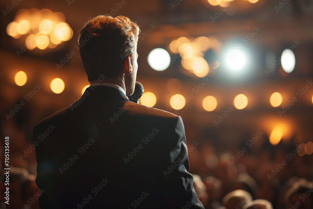 Back view of a man in a suit holding a microphone and performing on ...
