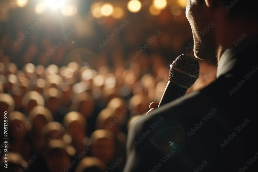 Close-up of a man holding a microphone and speaking on stage in front of people listening, public speaking - obrazy, fototapety, plakaty 