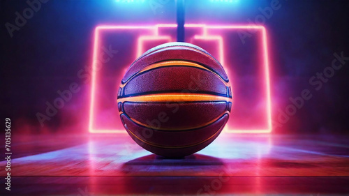 basket ball in textured basketball game field with neon fog - center, midfield