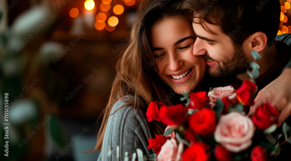 Love forever. Excited and happy couple in love are hugging, kissing and celebrating the St Valentines day. Celebration, holidays and gifts concepts. St Valentines dat. Lovers day - obrazy, fototapety, plakaty 