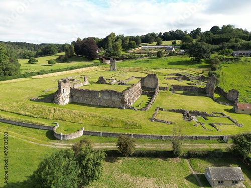 aerial view from above Kirkham Abbey ruins, an Augustinian monastery near York, North Yorkshire, England, UK