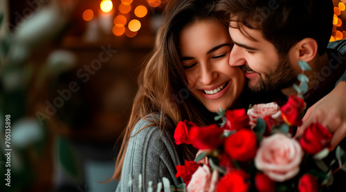 Love forever. Excited and happy couple in love are hugging, kissing and celebrating the St Valentines day. Celebration, holidays and gifts concepts. St Valentines dat. Lovers day