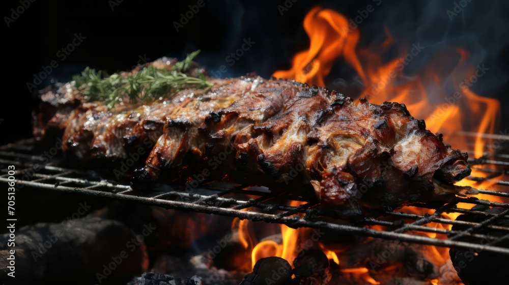 roasted ribs on the grill with flames and smoke on a black background