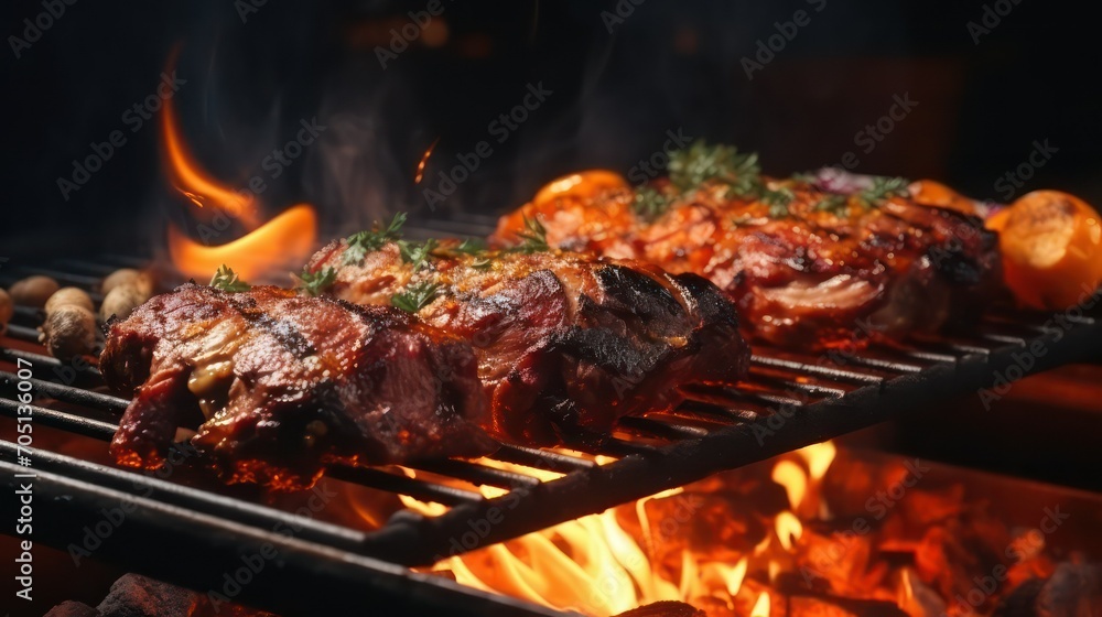 Delicious grilled meat on barbecue grill, closeup. BBQ party