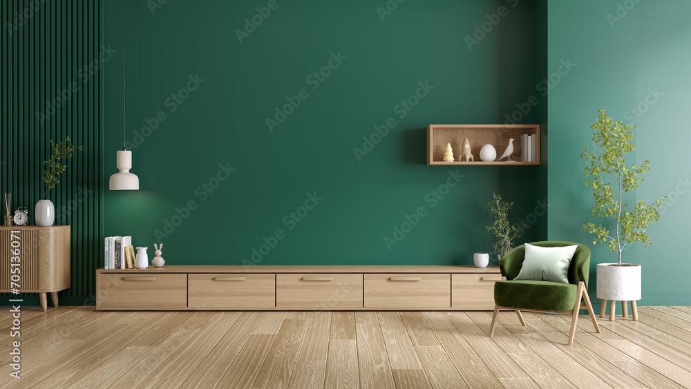 modern mid century green living room ,armchair with wood cabinet and dark green wall ,Mockup a TV wall mounted,3d render - obrazy, fototapety, plakaty 