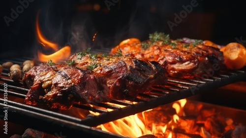 Delicious grilled meat on barbecue grill, closeup. BBQ party