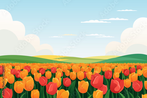 Stunning landscape with a field of tulips against the backdrop of green meadows. Beautiful multi-colored tulips. Vector illustration for design or print.
