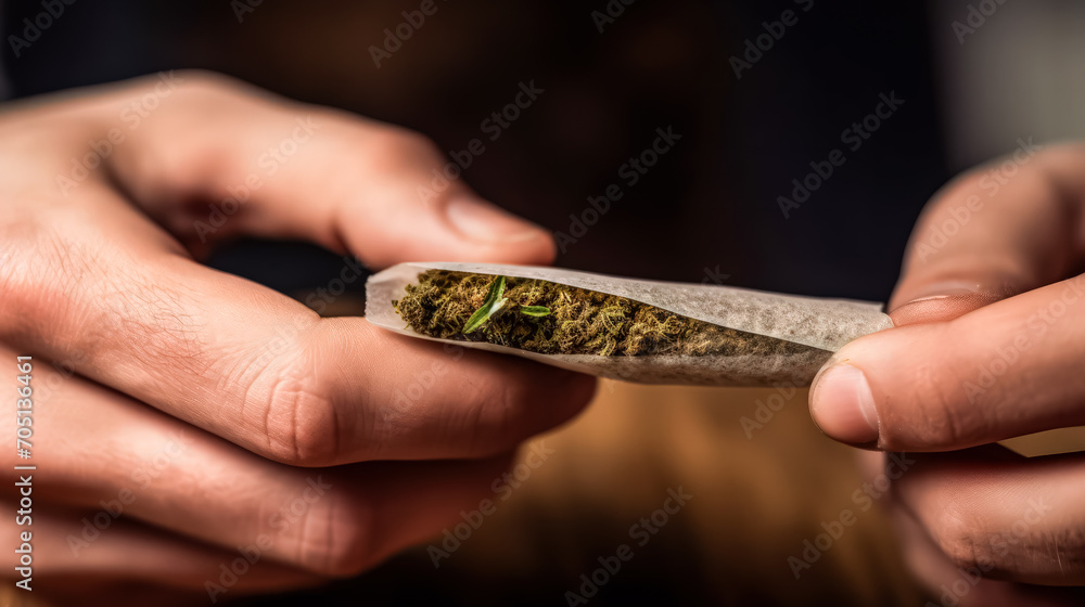 Fototapeta premium Man holding a joint of grass, symbolizing medical cannabis. A stock photo depicting the therapeutic use and personal connection to medicinal marijuana