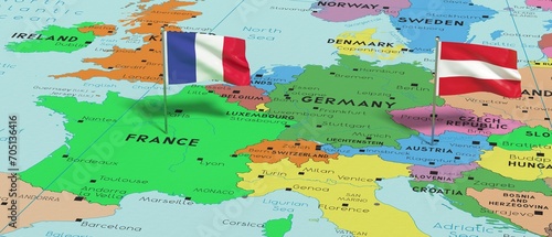 France and Austria - pin flags on political map - 3D illustration