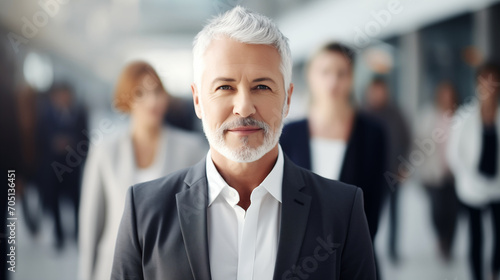 Modern adult man with short hair in an office suit against background of moving people. Portrait of a business man