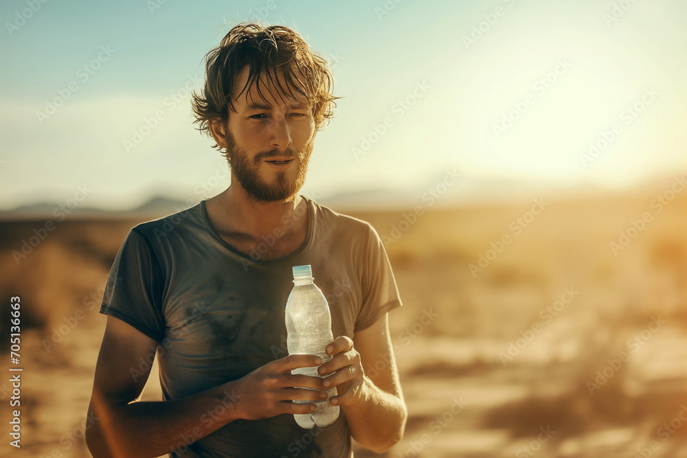 Thirsty man holding a bottle of water in the middle of the desert - obrazy, fototapety, plakaty 