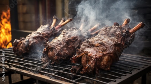 Roasted lamb chops on a barbecue grill, close-up of meat photo