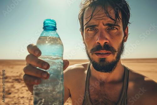Thirsty man holding a bottle of water in the middle of the desert