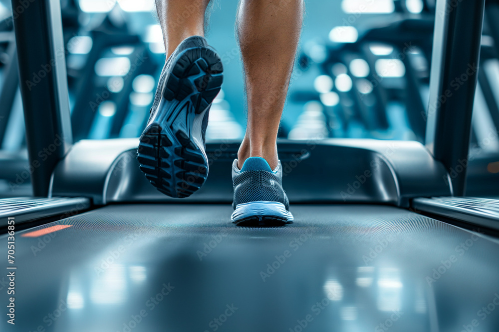 Close-up of legs of a runner running on a treadmill in a fitness club Close-up of legs of a runner running on a treadmill in a fitness club