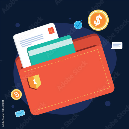 Wallet with credit card for cashless payment and financial document. Dollar and bitcoin symbols. Business and banks financial investment. Online payment concept flat vector illustration.