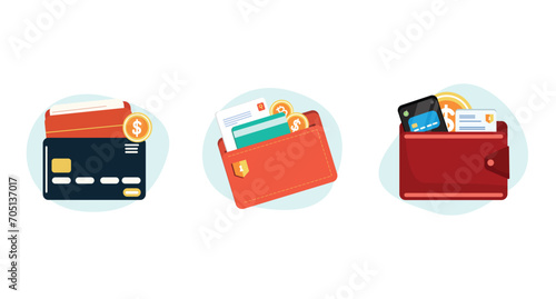 Different wallets with credit cards set isolated on white background. Concept flat vector illustration for online payment, financial security, money saving, business or banks finance investment.