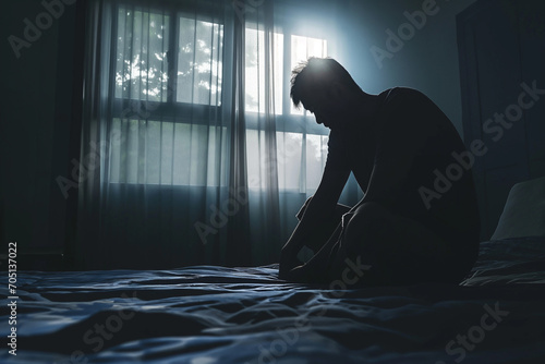 Silhouette of a depressed man sitting sadly on the bed in the bedroom