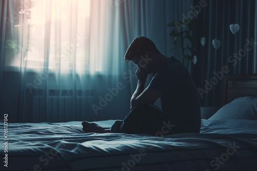 Silhouette of a depressed man sitting sadly on the bed in the bedroom photo
