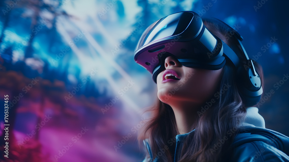 Naklejka premium Amazed young woman wearing a VR headset explores the metaverse's virtual space. Gaming and futuristic entertainment concept