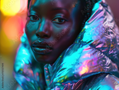 Beautiful young black woman wearing fashionable winter puffer jacket photo