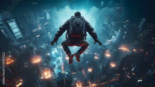 BASE jumper leaping from an urban skyscraper at night, neon - lit cityscape, cyberpunk aesthetics