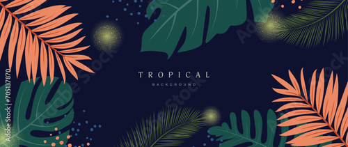 Abstract background of botanical tropical palm leaves branches in the jungle in bright color tones with halftone fireflies. Design for banner poster decoration. Flat style. Vector illustration.